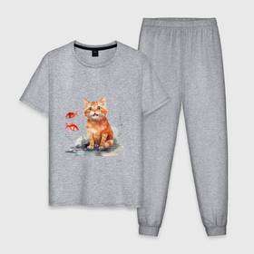 Мужская пижама хлопок с принтом Рыжий котенок в луже в Новосибирске, 100% хлопок | брюки и футболка прямого кроя, без карманов, на брюках мягкая резинка на поясе и по низу штанин
 | Тематика изображения на принте: 