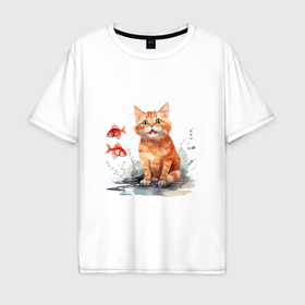Мужская футболка хлопок Oversize с принтом Рыжий котенок в луже в Новосибирске, 100% хлопок | свободный крой, круглый ворот, “спинка” длиннее передней части | Тематика изображения на принте: 