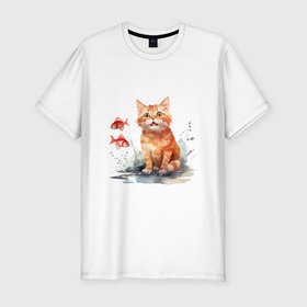 Мужская футболка хлопок Slim с принтом Рыжий котенок в луже в Новосибирске, 92% хлопок, 8% лайкра | приталенный силуэт, круглый вырез ворота, длина до линии бедра, короткий рукав | 