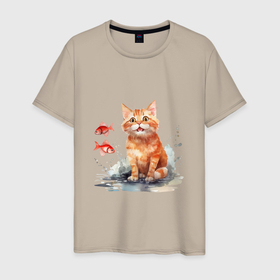 Мужская футболка хлопок с принтом Рыжий котенок в луже в Новосибирске, 100% хлопок | прямой крой, круглый вырез горловины, длина до линии бедер, слегка спущенное плечо. | Тематика изображения на принте: 