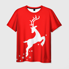 Мужская футболка 3D с принтом Рождественский олень Red and white в Тюмени, 100% полиэфир | прямой крой, круглый вырез горловины, длина до линии бедер | Тематика изображения на принте: 