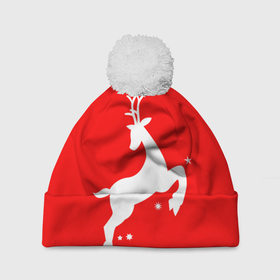 Шапка 3D c помпоном с принтом Рождественский олень Red and white в Белгороде, 100% полиэстер | универсальный размер, печать по всей поверхности изделия | 