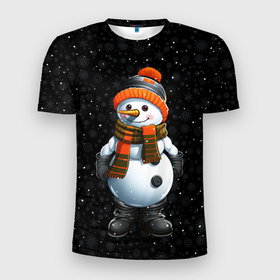 Мужская футболка 3D Slim с принтом Снеговик и снежинки в Тюмени, 100% полиэстер с улучшенными характеристиками | приталенный силуэт, круглая горловина, широкие плечи, сужается к линии бедра | 