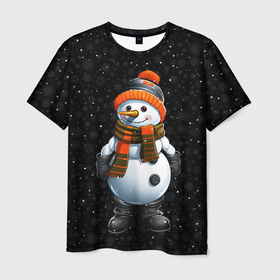 Мужская футболка 3D с принтом Снеговик и снежинки в Тюмени, 100% полиэфир | прямой крой, круглый вырез горловины, длина до линии бедер | 