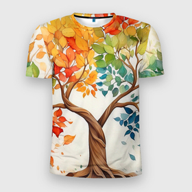 Мужская футболка 3D Slim с принтом Волшебное яркое дерево в Белгороде, 100% полиэстер с улучшенными характеристиками | приталенный силуэт, круглая горловина, широкие плечи, сужается к линии бедра | 