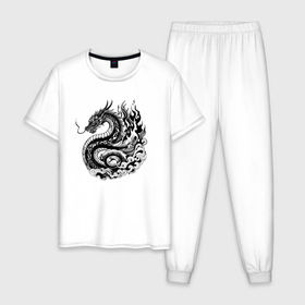 Мужская пижама хлопок с принтом Японский дракон   ирезуми в Санкт-Петербурге, 100% хлопок | брюки и футболка прямого кроя, без карманов, на брюках мягкая резинка на поясе и по низу штанин
 | Тематика изображения на принте: 