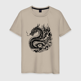 Мужская футболка хлопок с принтом Японский дракон   ирезуми в Белгороде, 100% хлопок | прямой крой, круглый вырез горловины, длина до линии бедер, слегка спущенное плечо. | Тематика изображения на принте: 