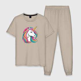 Мужская пижама хлопок с принтом Единорог с разноцветной гривой в Кировске, 100% хлопок | брюки и футболка прямого кроя, без карманов, на брюках мягкая резинка на поясе и по низу штанин
 | 