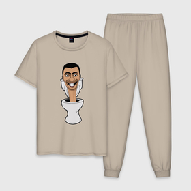Мужская пижама хлопок с принтом Скибиди Туалет на позитиве в Кировске, 100% хлопок | брюки и футболка прямого кроя, без карманов, на брюках мягкая резинка на поясе и по низу штанин
 | 