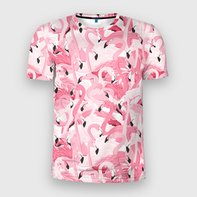 Мужская футболка 3D Slim с принтом Стая розовых фламинго в Новосибирске, 100% полиэстер с улучшенными характеристиками | приталенный силуэт, круглая горловина, широкие плечи, сужается к линии бедра | 