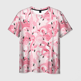 Мужская футболка 3D с принтом Стая розовых фламинго в Екатеринбурге, 100% полиэфир | прямой крой, круглый вырез горловины, длина до линии бедер | 