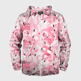 Мужская ветровка 3D с принтом Стая розовых фламинго в Курске, 100% полиэстер | подол и капюшон оформлены резинкой с фиксаторами, два кармана без застежек по бокам, один потайной карман на груди | 