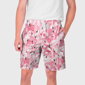 Мужские шорты 3D с принтом Стая розовых фламинго в Новосибирске,  полиэстер 100% | прямой крой, два кармана без застежек по бокам. Мягкая трикотажная резинка на поясе, внутри которой широкие завязки. Длина чуть выше колен | 