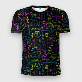 Мужская футболка 3D Slim с принтом Разноцветные формулы и расчеты в Тюмени, 100% полиэстер с улучшенными характеристиками | приталенный силуэт, круглая горловина, широкие плечи, сужается к линии бедра | 