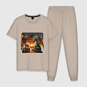 Мужская пижама хлопок с принтом New  year dragon в Курске, 100% хлопок | брюки и футболка прямого кроя, без карманов, на брюках мягкая резинка на поясе и по низу штанин
 | Тематика изображения на принте: 