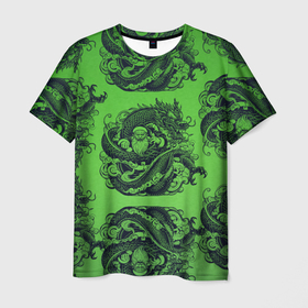 Мужская футболка 3D с принтом Дракон и Дед Мороз паттерн на зеленом в Петрозаводске, 100% полиэфир | прямой крой, круглый вырез горловины, длина до линии бедер | 