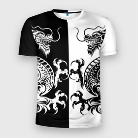 Мужская футболка 3D Slim с принтом Черный и белый дракон в Белгороде, 100% полиэстер с улучшенными характеристиками | приталенный силуэт, круглая горловина, широкие плечи, сужается к линии бедра | 