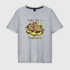 Мужская футболка хлопок Oversize с принтом Капибары в водоеме с мандаринами в Тюмени, 100% хлопок | свободный крой, круглый ворот, “спинка” длиннее передней части | Тематика изображения на принте: 