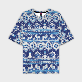 Мужская футболка oversize 3D с принтом Вязанный зимний пейзаж с оленями в Кировске,  |  | Тематика изображения на принте: 