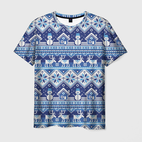 Мужская футболка 3D с принтом Вязанный зимний пейзаж с оленями , 100% полиэфир | прямой крой, круглый вырез горловины, длина до линии бедер | 