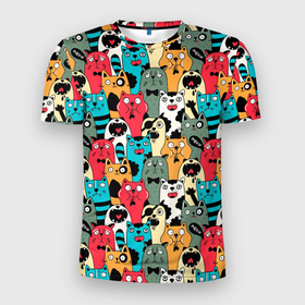 Мужская футболка 3D Slim с принтом Мультяшные коты в Санкт-Петербурге, 100% полиэстер с улучшенными характеристиками | приталенный силуэт, круглая горловина, широкие плечи, сужается к линии бедра | 