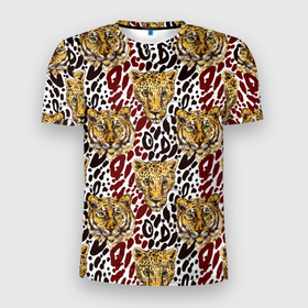 Мужская футболка 3D Slim с принтом Дикие тропические кошки в Тюмени, 100% полиэстер с улучшенными характеристиками | приталенный силуэт, круглая горловина, широкие плечи, сужается к линии бедра | 