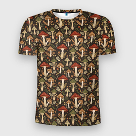 Мужская футболка 3D Slim с принтом Лесные грибы и цветы в Тюмени, 100% полиэстер с улучшенными характеристиками | приталенный силуэт, круглая горловина, широкие плечи, сужается к линии бедра | 