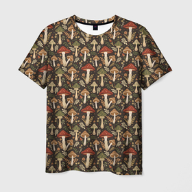 Мужская футболка 3D с принтом Лесные грибы и цветы в Кировске, 100% полиэфир | прямой крой, круглый вырез горловины, длина до линии бедер | 