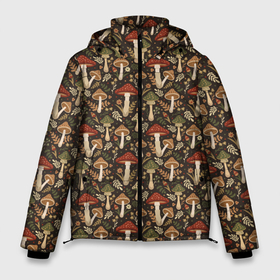 Мужская зимняя куртка 3D с принтом Лесные грибы и цветы в Кировске, верх — 100% полиэстер; подкладка — 100% полиэстер; утеплитель — 100% полиэстер | длина ниже бедра, свободный силуэт Оверсайз. Есть воротник-стойка, отстегивающийся капюшон и ветрозащитная планка. 

Боковые карманы с листочкой на кнопках и внутренний карман на молнии. | Тематика изображения на принте: 