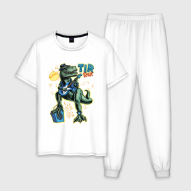Мужская пижама хлопок с принтом Тираннозавр с гитарой в шляпе , 100% хлопок | брюки и футболка прямого кроя, без карманов, на брюках мягкая резинка на поясе и по низу штанин
 | 