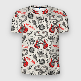 Мужская футболка 3D Slim с принтом Музыкальный рокенрольный узор в Кировске, 100% полиэстер с улучшенными характеристиками | приталенный силуэт, круглая горловина, широкие плечи, сужается к линии бедра | 