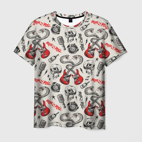 Мужская футболка 3D с принтом Музыкальный рокенрольный узор в Кировске, 100% полиэфир | прямой крой, круглый вырез горловины, длина до линии бедер | 