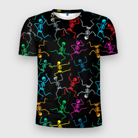 Мужская футболка 3D Slim с принтом Разноцветные танцующие скелетики в Екатеринбурге, 100% полиэстер с улучшенными характеристиками | приталенный силуэт, круглая горловина, широкие плечи, сужается к линии бедра | 