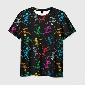 Мужская футболка 3D с принтом Разноцветные танцующие скелетики , 100% полиэфир | прямой крой, круглый вырез горловины, длина до линии бедер | 