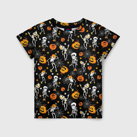 Детская футболка 3D с принтом Хэллоуин танцующий скелет в Петрозаводске, 100% гипоаллергенный полиэфир | прямой крой, круглый вырез горловины, длина до линии бедер, чуть спущенное плечо, ткань немного тянется | Тематика изображения на принте: 