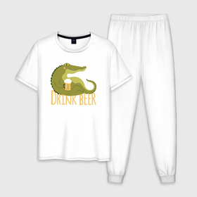Мужская пижама хлопок с принтом Крокодил пьёт пиво в Курске, 100% хлопок | брюки и футболка прямого кроя, без карманов, на брюках мягкая резинка на поясе и по низу штанин
 | 