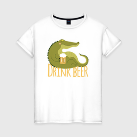 Женская футболка хлопок с принтом Крокодил пьёт пиво в Белгороде, 100% хлопок | прямой крой, круглый вырез горловины, длина до линии бедер, слегка спущенное плечо | 