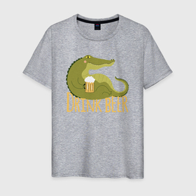 Мужская футболка хлопок с принтом Крокодил пьёт пиво в Курске, 100% хлопок | прямой крой, круглый вырез горловины, длина до линии бедер, слегка спущенное плечо. | Тематика изображения на принте: 