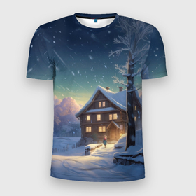 Мужская футболка 3D Slim с принтом Вечерний снегопад в деревне в Петрозаводске, 100% полиэстер с улучшенными характеристиками | приталенный силуэт, круглая горловина, широкие плечи, сужается к линии бедра | 