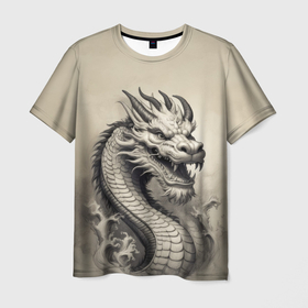 Мужская футболка 3D с принтом Скетч Китайского дракона в Белгороде, 100% полиэфир | прямой крой, круглый вырез горловины, длина до линии бедер | 