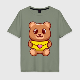 Мужская футболка хлопок Oversize с принтом Мишка с любовным письмом в Тюмени, 100% хлопок | свободный крой, круглый ворот, “спинка” длиннее передней части | 
