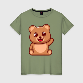 Женская футболка хлопок с принтом Привет от медвежонка в Курске, 100% хлопок | прямой крой, круглый вырез горловины, длина до линии бедер, слегка спущенное плечо | 