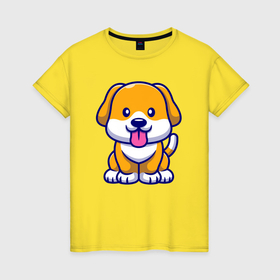 Женская футболка хлопок с принтом Дружелюбный щенок в Белгороде, 100% хлопок | прямой крой, круглый вырез горловины, длина до линии бедер, слегка спущенное плечо | 