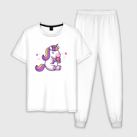 Мужская пижама хлопок с принтом Единорог с конфеткой в Тюмени, 100% хлопок | брюки и футболка прямого кроя, без карманов, на брюках мягкая резинка на поясе и по низу штанин
 | 