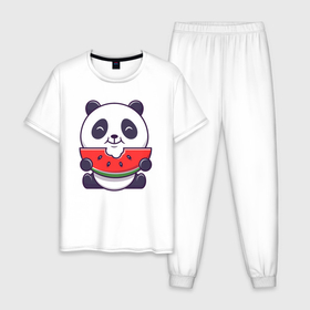 Мужская пижама хлопок с принтом Панда ест арбуз в Новосибирске, 100% хлопок | брюки и футболка прямого кроя, без карманов, на брюках мягкая резинка на поясе и по низу штанин
 | 
