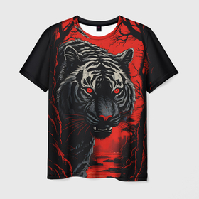 Мужская футболка 3D с принтом Red Tiger Eye в Кировске, 100% полиэфир | прямой крой, круглый вырез горловины, длина до линии бедер | 