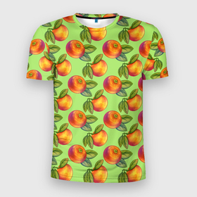 Мужская футболка 3D Slim с принтом Апельсинки с листьями в Новосибирске, 100% полиэстер с улучшенными характеристиками | приталенный силуэт, круглая горловина, широкие плечи, сужается к линии бедра | Тематика изображения на принте: 