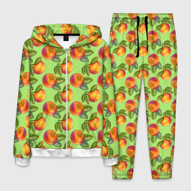 Мужской костюм 3D с принтом Апельсинки с листьями в Петрозаводске, 100% полиэстер | Манжеты и пояс оформлены тканевой резинкой, двухслойный капюшон со шнурком для регулировки, карманы спереди | Тематика изображения на принте: 