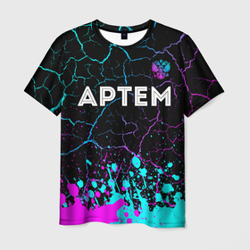 Мужская футболка 3D с принтом Артем и неоновый герб России посередине , 100% полиэфир | прямой крой, круглый вырез горловины, длина до линии бедер | 