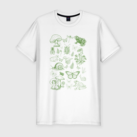 Мужская футболка хлопок Slim с принтом Зелёный лес с жабой и насекомыми в Санкт-Петербурге, 92% хлопок, 8% лайкра | приталенный силуэт, круглый вырез ворота, длина до линии бедра, короткий рукав | 